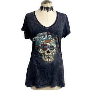 Y2K Texas Harley Davidson Sugar Scull Biker Grunge Women's T-Shirt Sz Large